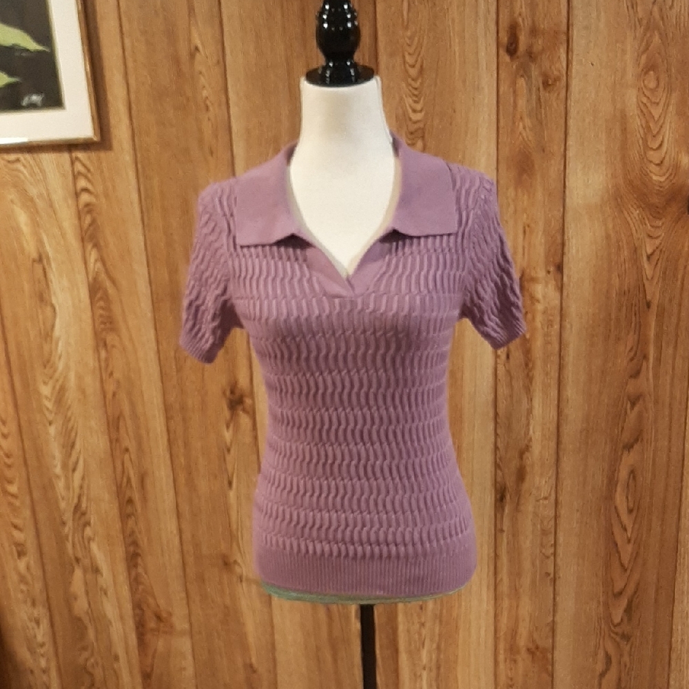 NWOT Grace Karen Purple Collared Cable-Knit Short-Sleeve Top (S)